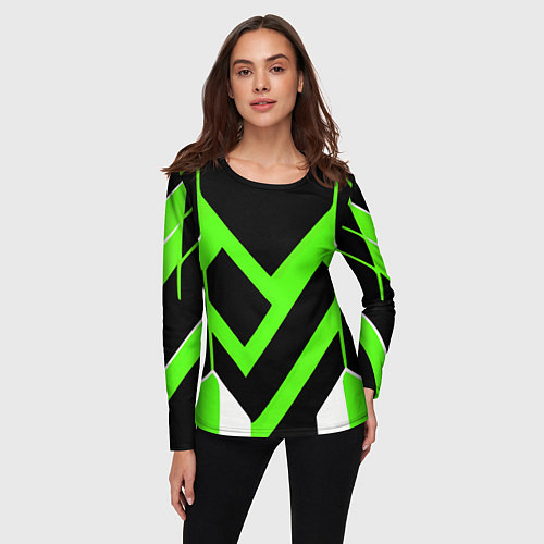 Женский лонгслив Зелёно-белые полосы и чёрный фон / 3D-принт – фото 3