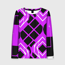 Лонгслив женский Чёрные квадраты и белые полосы на фиолетовом фоне, цвет: 3D-принт