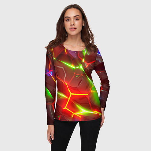 Женский лонгслив Неоновые красные плиты с ярким светом / 3D-принт – фото 3