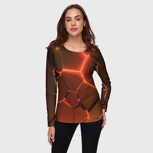 Женский лонгслив Оранжевые неоновые плиты в разломе / 3D-принт – фото 3