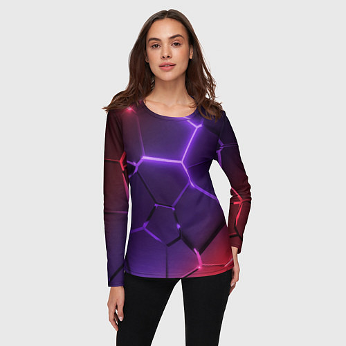 Женский лонгслив Красно-фиолетовые неоновые плиты в разломе / 3D-принт – фото 3