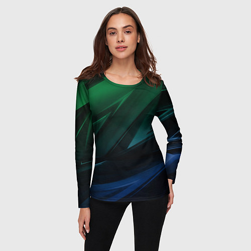 Женский лонгслив Зелено-синие абстрактные объемные полосы / 3D-принт – фото 3