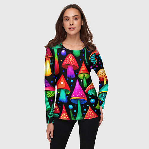 Женский лонгслив Неоновые мухоморы в горошек / 3D-принт – фото 3