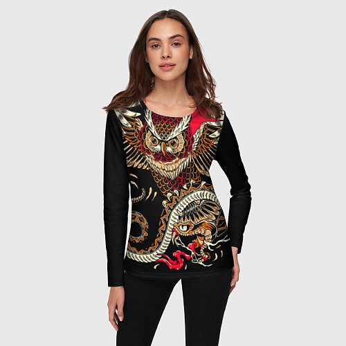 Женский лонгслив Сова и змея - японский стиль / 3D-принт – фото 3