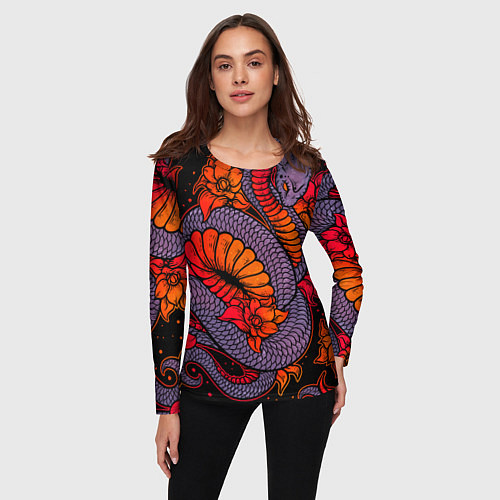 Женский лонгслив Цветы и змея - Японский стиль / 3D-принт – фото 3