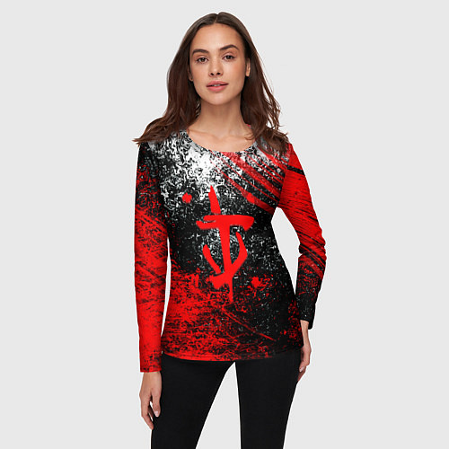 Женский лонгслив Doom - красные краски и лого / 3D-принт – фото 3