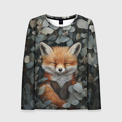 Лонгслив женский Спящий лисёнок в листве, цвет: 3D-принт