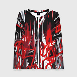 Лонгслив женский Красно-белая хаотичная абстракция на чёрном фоне, цвет: 3D-принт