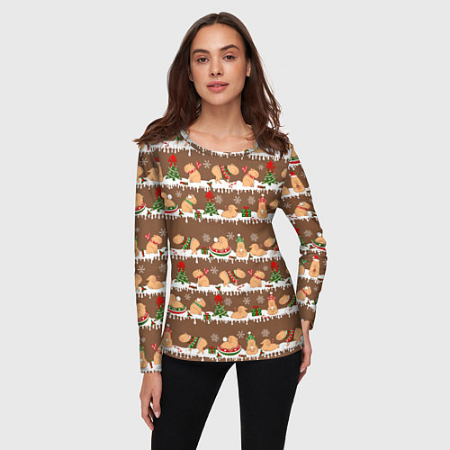 Женский лонгслив Капибары на Новый год и Рождество зимой / 3D-принт – фото 3