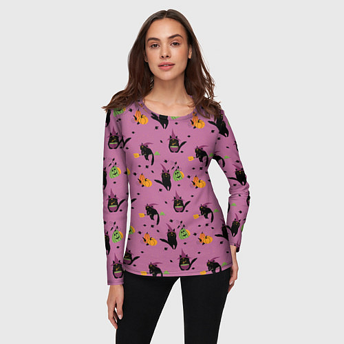 Женский лонгслив Хэллоуин и кот ведьмы / 3D-принт – фото 3