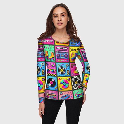 Женский лонгслив Вибрации 90-х вечеринка в стиле ретро / 3D-принт – фото 3