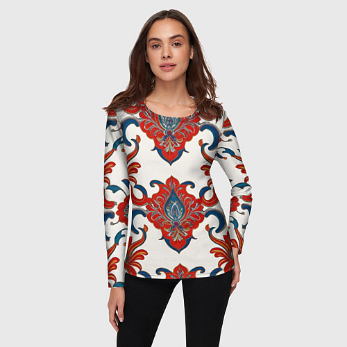 Женский лонгслив Узор красно-синий на белом фоне / 3D-принт – фото 3