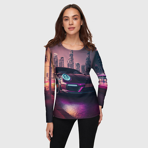 Женский лонгслив Porshe ночной город / 3D-принт – фото 3