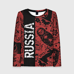 Лонгслив женский Россия на фоне матрёшек балалайки и славянских узо, цвет: 3D-принт