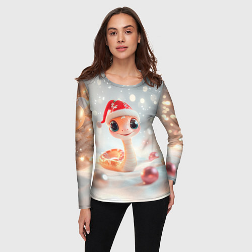 Женский лонгслив Новогодняя милая розовая змейка / 3D-принт – фото 3