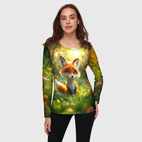 Женский лонгслив Рыжая лисичка и бабочки / 3D-принт – фото 3