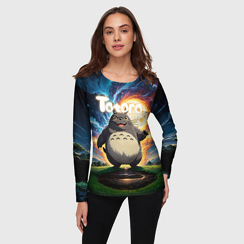Женский лонгслив Тоторо на фоне огненной луны / 3D-принт – фото 3