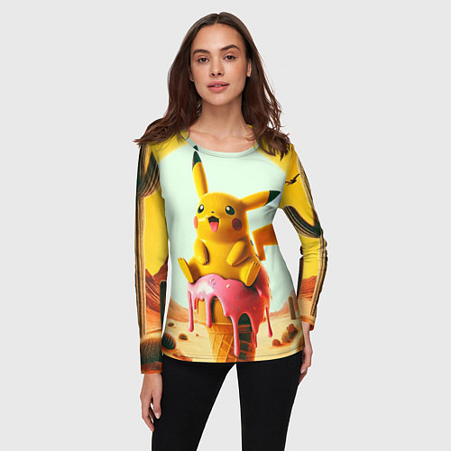 Женский лонгслив Пикачу сидит на мороженом в пустыне / 3D-принт – фото 3
