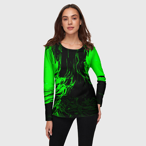 Женский лонгслив Зелёная энергия на чёрном фоне / 3D-принт – фото 3