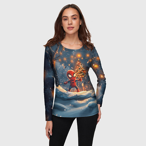 Женский лонгслив Маленький человек-паук держит елку / 3D-принт – фото 3