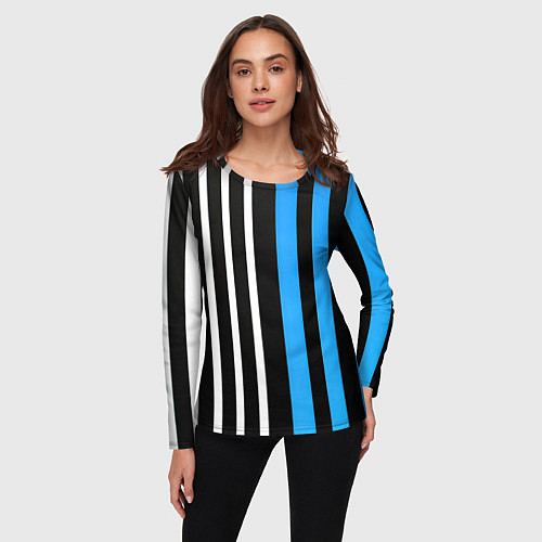 Женский лонгслив Вертикальные полосы триколор синий / 3D-принт – фото 3