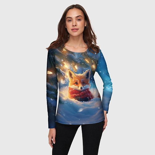 Женский лонгслив Лисица под новогодней елкой / 3D-принт – фото 3