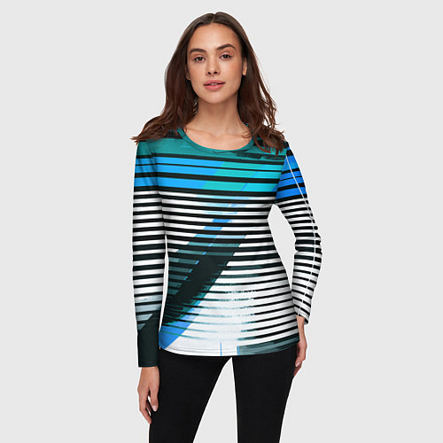 Женский лонгслив Сине-чёрные полосы на белом фоне / 3D-принт – фото 3