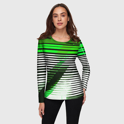 Женский лонгслив Зелёно-чёрные полосы на белом фоне / 3D-принт – фото 3