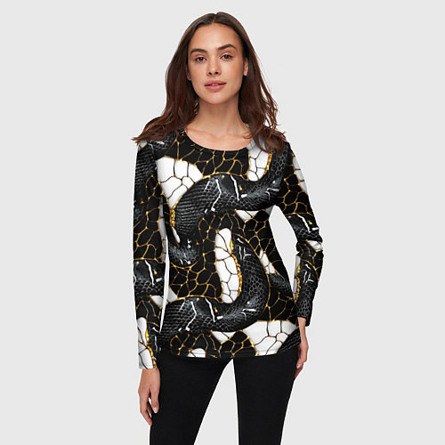 Женский лонгслив Змеиная черно-белая абстракция / 3D-принт – фото 3