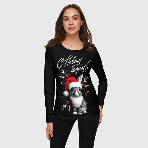 Женский лонгслив Милый кролик в шапке Деда Мороза / 3D-принт – фото 3