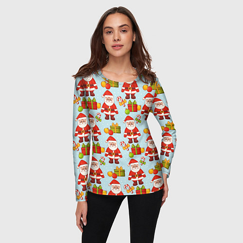 Женский лонгслив Новогодний паттерн с Сантой и подарками / 3D-принт – фото 3
