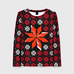 Лонгслив женский Красно-белые звёзды на чёрном фоне, цвет: 3D-принт