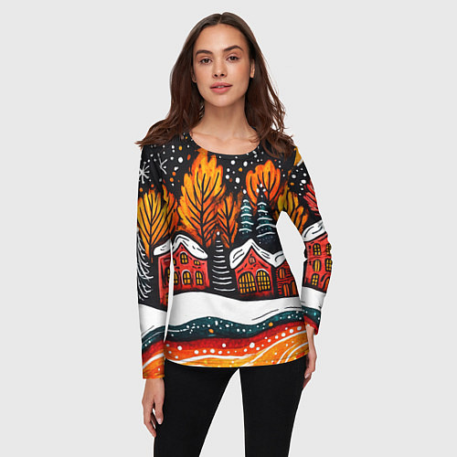 Женский лонгслив Новогоднее настроение - домики и елки / 3D-принт – фото 3