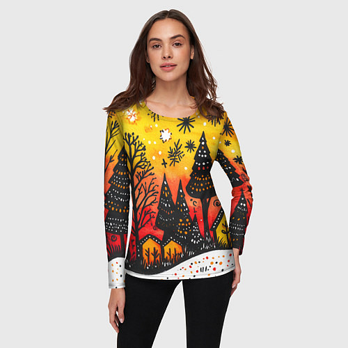 Женский лонгслив Елочки на фоне оранжевого неба / 3D-принт – фото 3