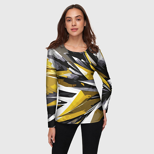 Женский лонгслив Чёрно-жёлто-белая абстракция / 3D-принт – фото 3