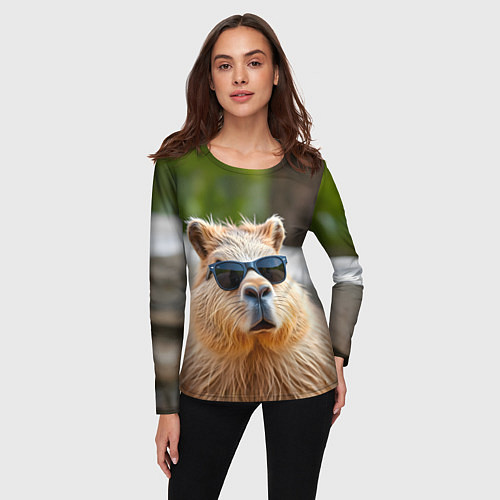 Женский лонгслив Модная капибара в темных очках / 3D-принт – фото 3
