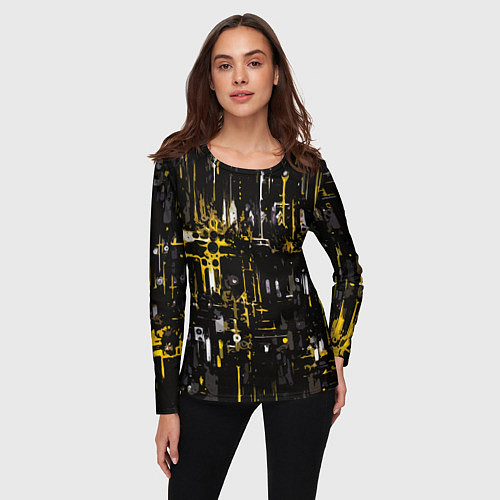 Женский лонгслив Бело-жёлтая абстракция на чёрном фоне / 3D-принт – фото 3