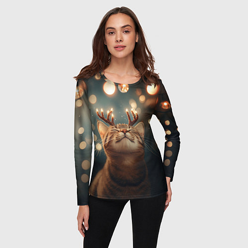 Женский лонгслив Довольный рыжий котик с рогами из огоньков / 3D-принт – фото 3