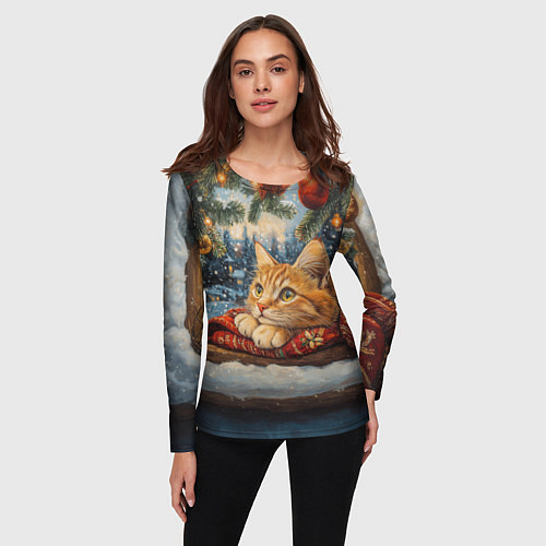 Женский лонгслив Рыжий новогодний кот / 3D-принт – фото 3
