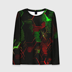 Лонгслив женский Красно-зелёные точки и линии на чёрном фоне, цвет: 3D-принт