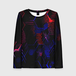 Лонгслив женский Красно-синие точки и линии на чёрном фоне, цвет: 3D-принт