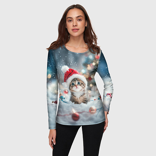 Женский лонгслив Маленький котенок и елочные игрушки / 3D-принт – фото 3