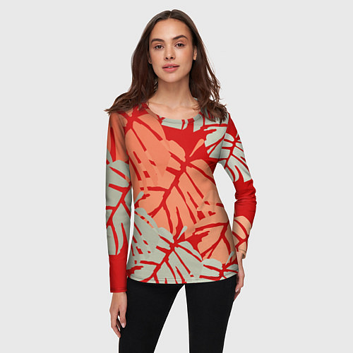 Женский лонгслив Отпечатки монстеры на красном / 3D-принт – фото 3