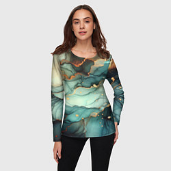 Лонгслив женский Бирюзовый узор с оранжевыми вставками, цвет: 3D-принт — фото 2