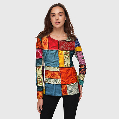 Женский лонгслив Пэчворк из ярких тканей / 3D-принт – фото 3