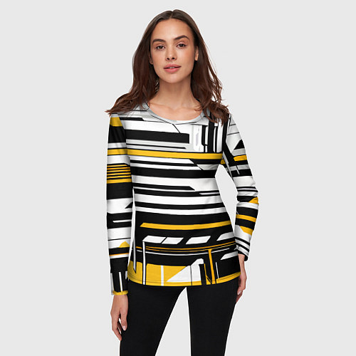 Женский лонгслив Жёлто-белые технологические линии на чёрном фоне / 3D-принт – фото 3