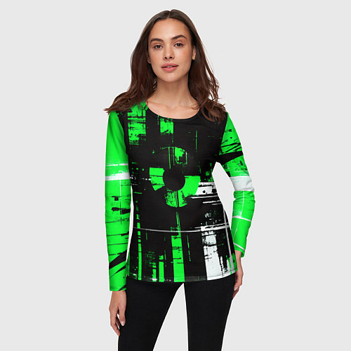 Женский лонгслив Зелёно-белый гранж на чёрном фоне / 3D-принт – фото 3