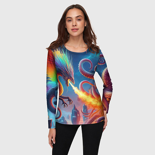 Женский лонгслив Огнедышащий дракон против осьминога - нейроарт фан / 3D-принт – фото 3