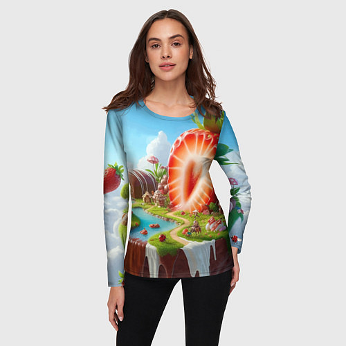 Женский лонгслив Клубничная планета - нейроарт фантазия / 3D-принт – фото 3