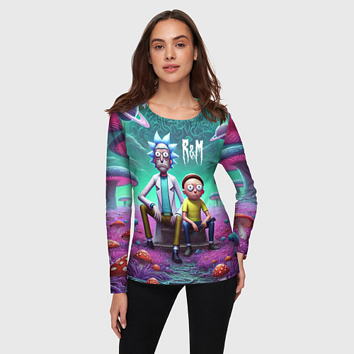 Женский лонгслив Рик и Морту на сказочной грибной планете - нейроар / 3D-принт – фото 3